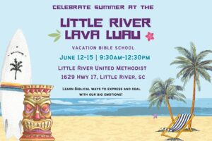 Illustration of a beach with a white surfboard and tiki totem pole on the left hand side and a palm tree on the right side. In the middle is the information for VBS.